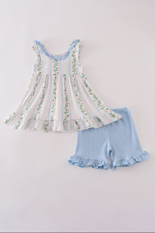 Blue Floral Print Ruffle Girl’s Short Set