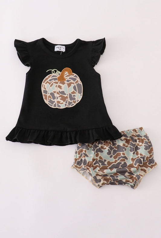 Black Camouflage Pumpkin Appliqué Girl’s Bloomer Set