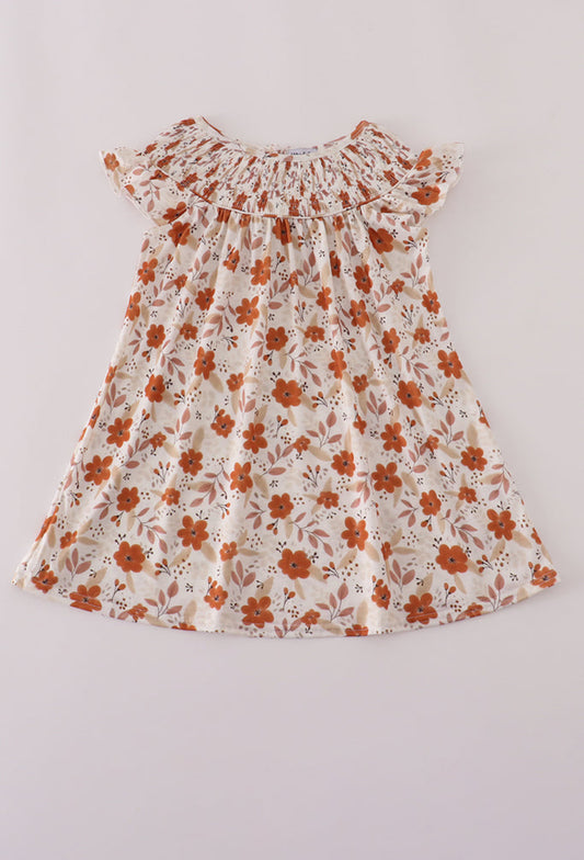 Fall Floral Print Smocked Ruffle Dress