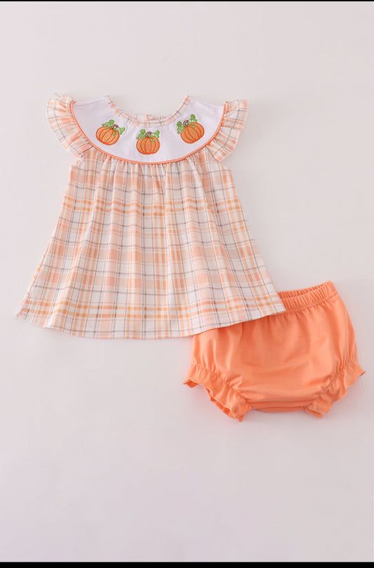 Orange Pumpkin Embroidery Plaid Girl’s Bloomer Set