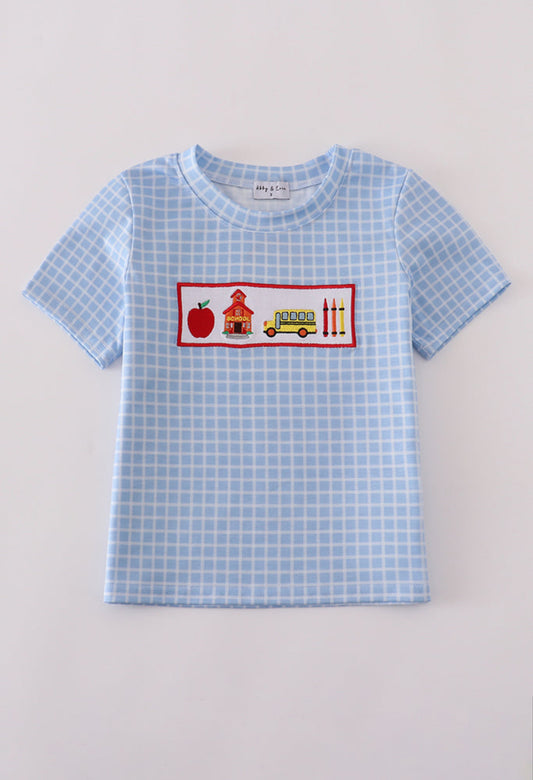 Blue Apple Bus Embroidery Plaid Boy’s Top