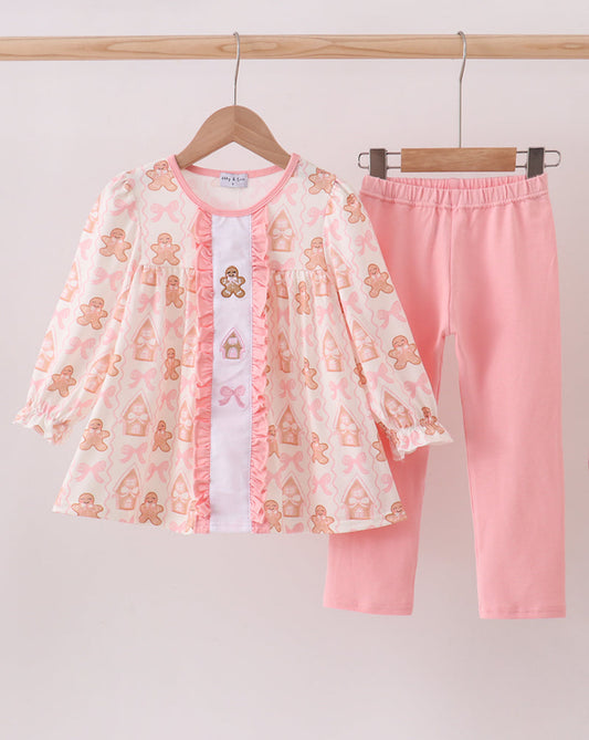 Pink Gingerbread Embroidery Ruffle Girl’s Pants Set