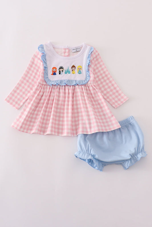 Pink Princess Castle Embroidery Gingham Girl’s Bloomer Set
