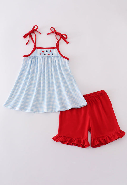 Gingham Star Embroidery Girl’s Shorts Set