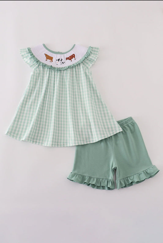 Green Cow Embroidery Smocked Gingham Ruffle Girl’s Short Set