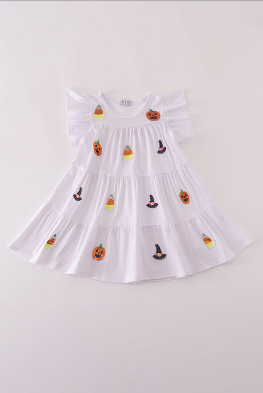 White Ghost Witch Pumpkin Sequin Ruffle Dress
