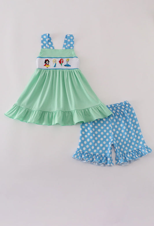 Blue Dot Character Embroidery Smocked Girl’s Short Set