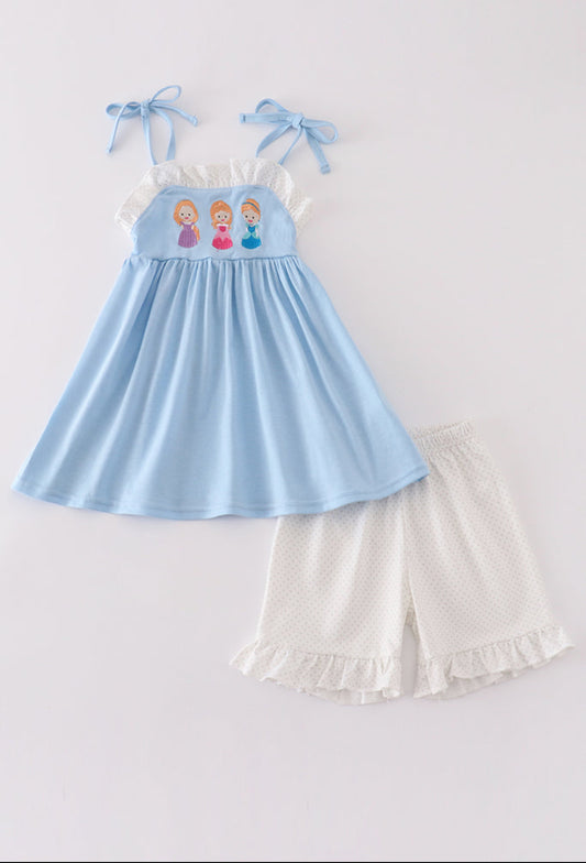 Blue Princess embroidery Ruffle Girl’s Short Set