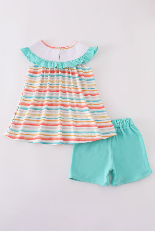 Rainbow Stripe Marine Creature Embroidery Smocked Girl’s Shorts Set