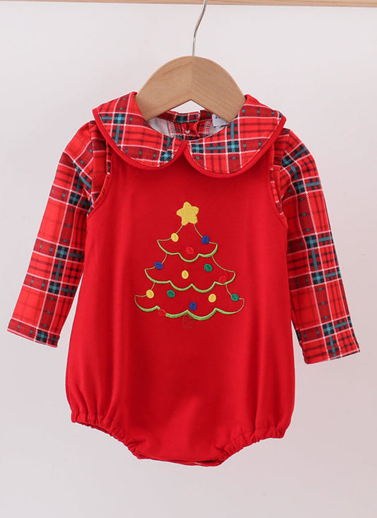 Red Tree Embroidery Plaid Boy’s Bubble Set
