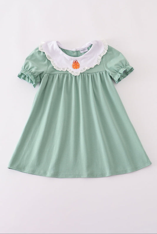 Green Pumpkin Bow Embroidery Dress