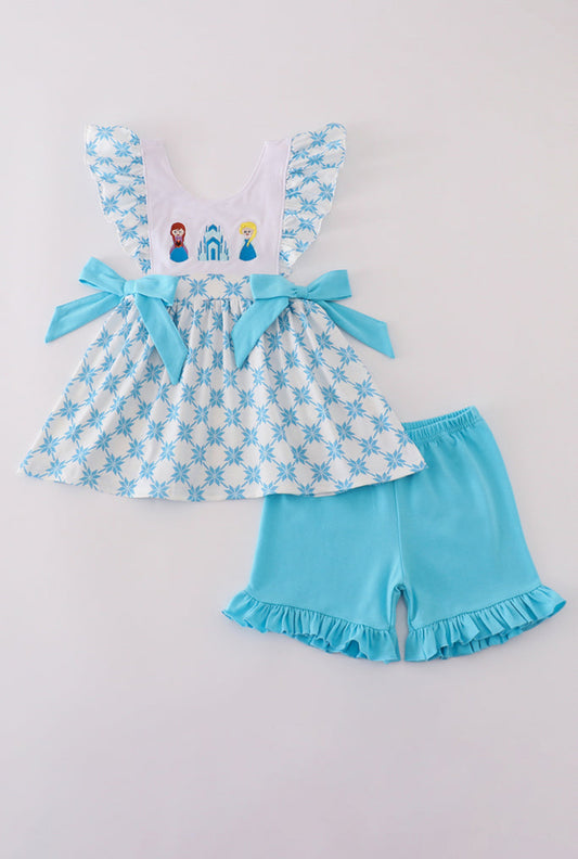 Blue Character Embroidery Bow Ruffle Girl’s Short Set