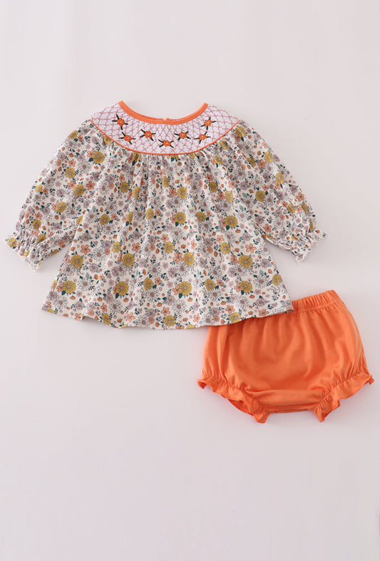 Floral Embroidery Smocked Bloomer Set