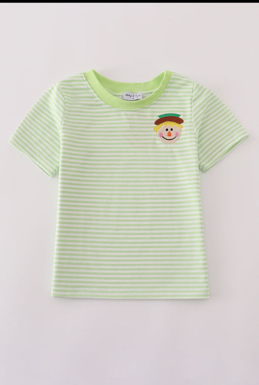 Green Scarecrow Embroidery Stripe Boy’s Top