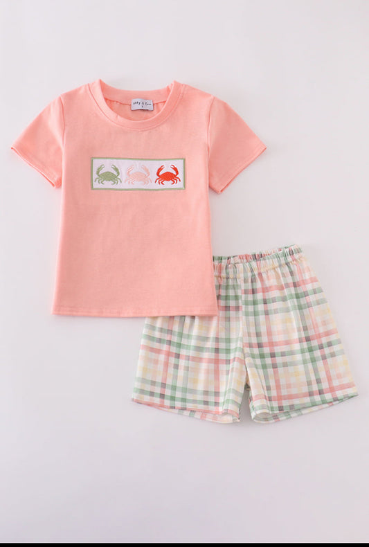 Crab Embroidery Plaid Boy’s Short Set