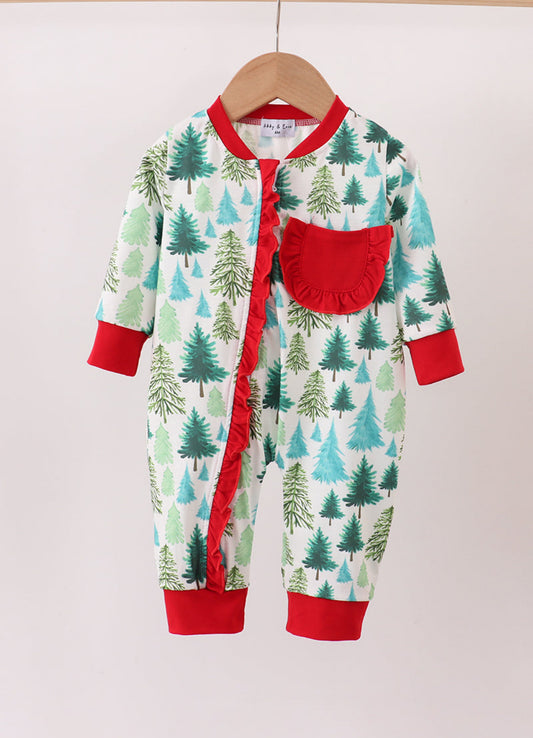 Green Christmas Tree Print Ruffle Girl’s Romper Pajamas