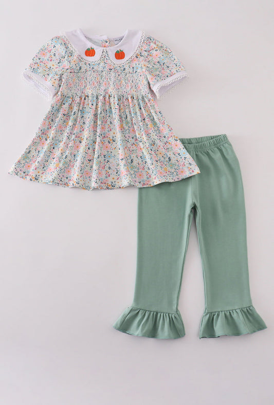 Green Floral Pumpkin Embroidery Smocked Ruffle Girl’s Pants Set