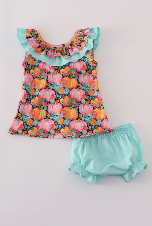 Pink Pumpkin Print Ruffle Girl’s Bloomer Set