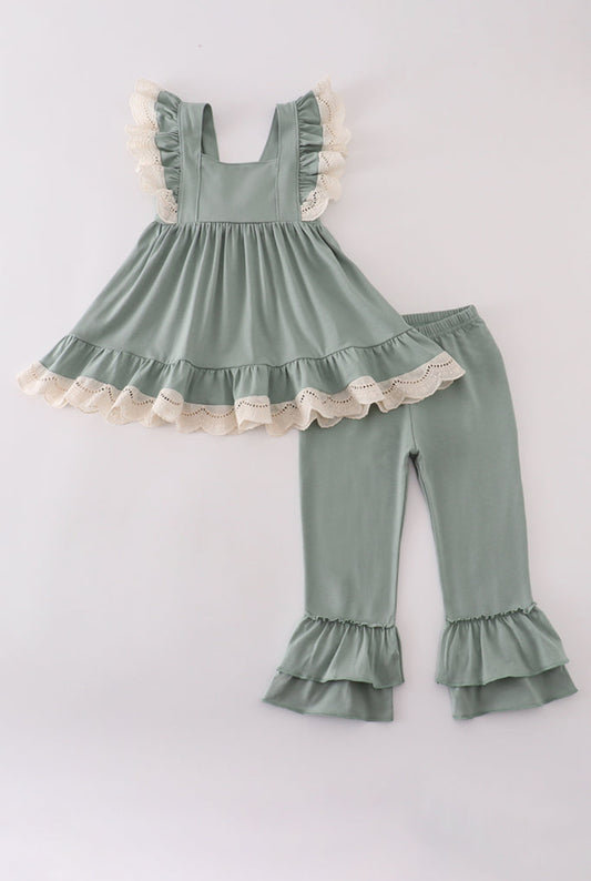 Sage Lace Ruffle Girl’s Pants Set