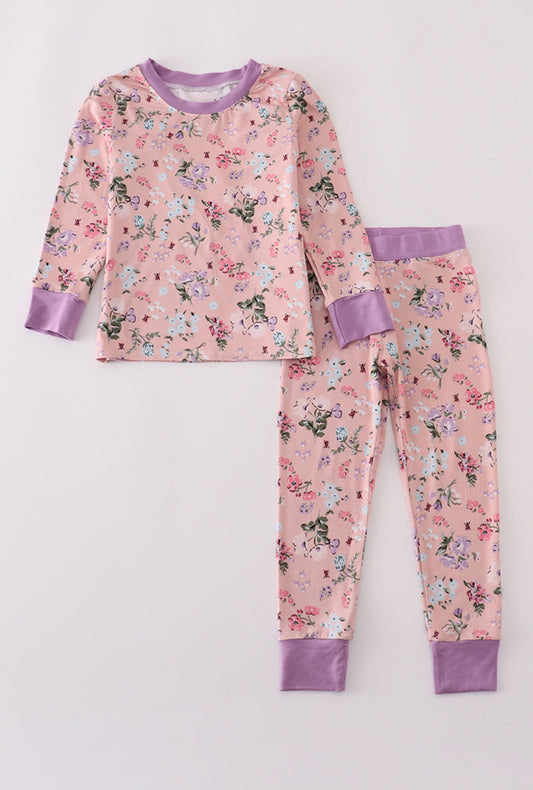 Purple Floral Print Bamboo Girl’s Pajamas Pants Set