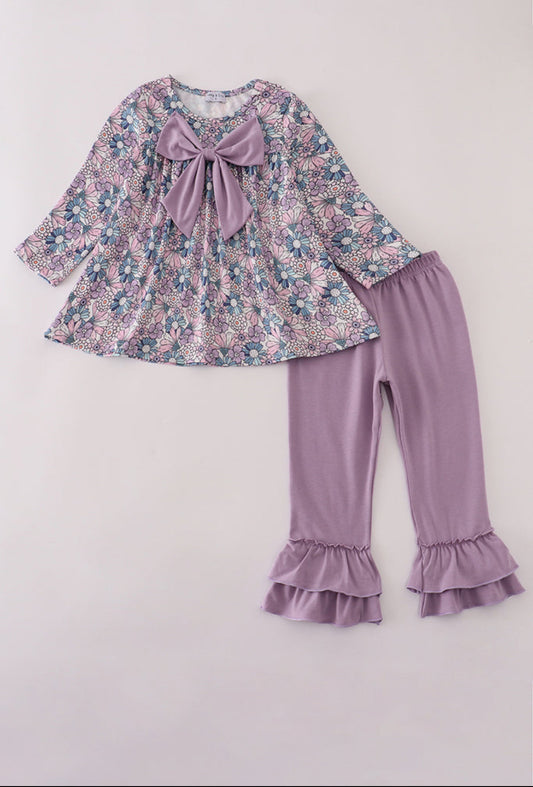 Purple Floral Bow Ruffle Girl Pants Set