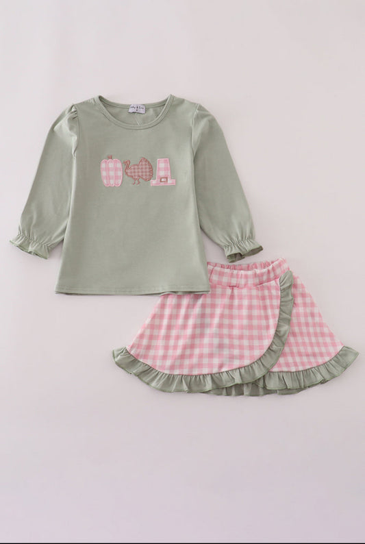Sage Pumpkin Turkey Applique Skort Set