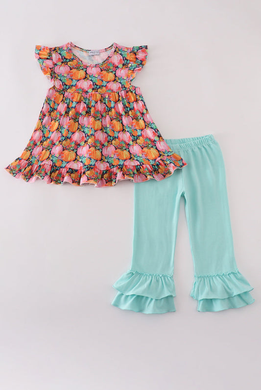 Pink Pumpkin Print Ruffle Girl’s Pants Set