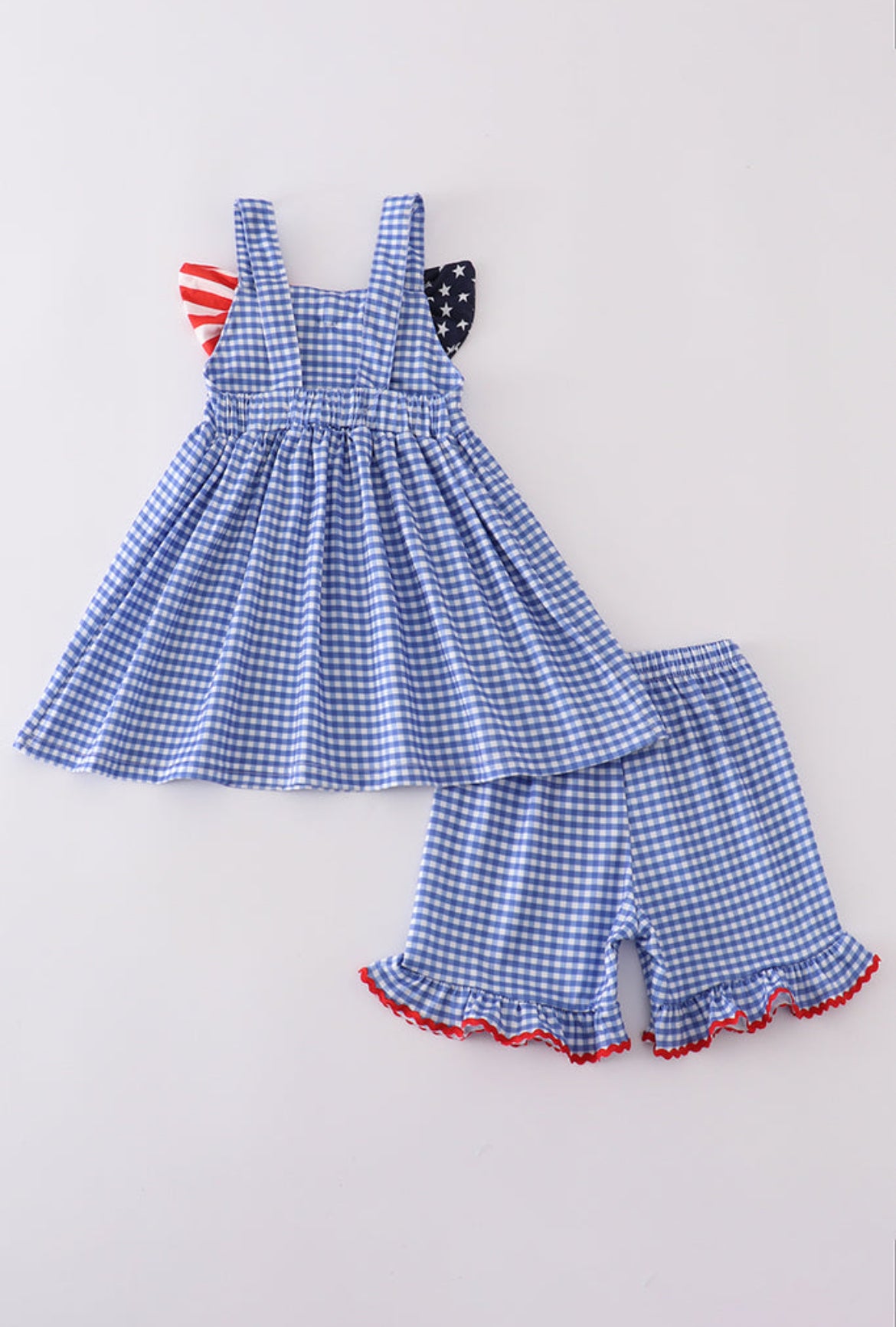 Blue Flag Bow Gingham Girl’s Short Set