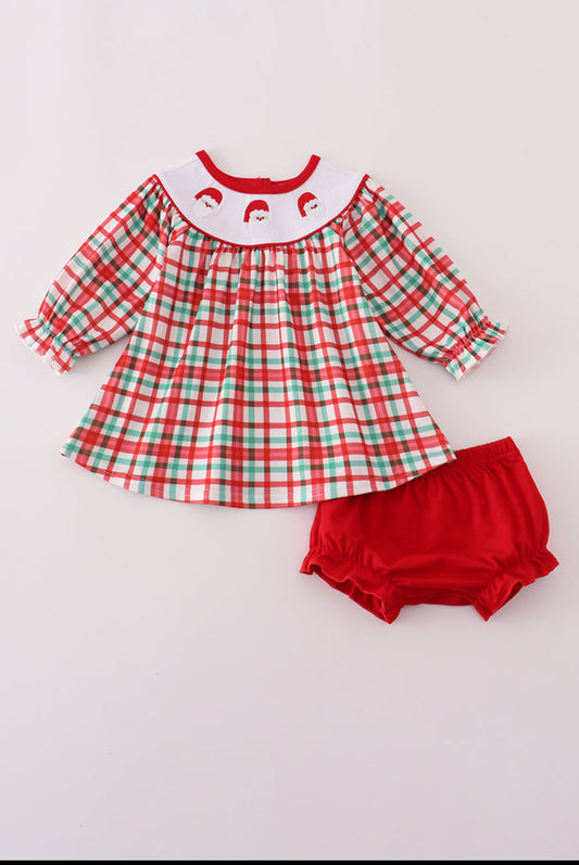 Red Santa Claus Embroidery Plaid Girl’s Bloomer Set