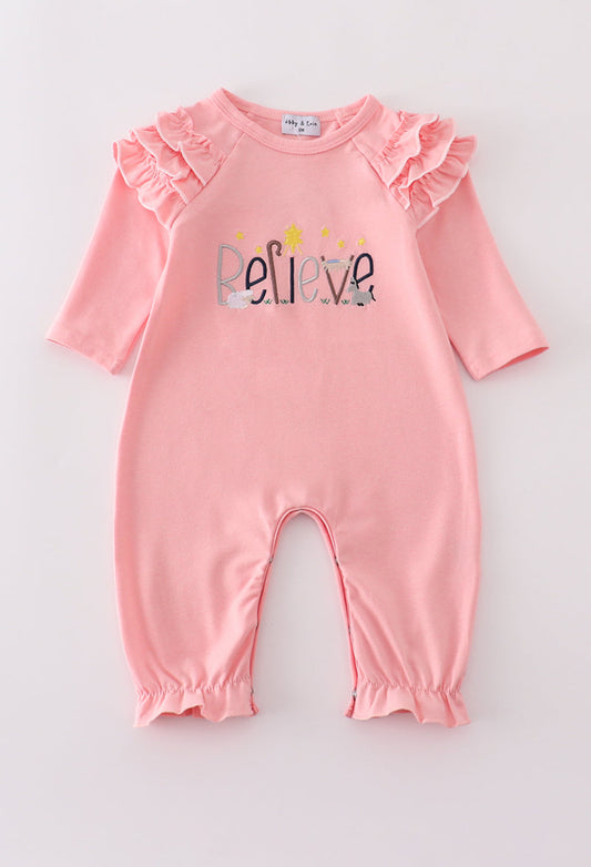 Pink BELIEVE Embroidery Ruffle Girl’s Romper