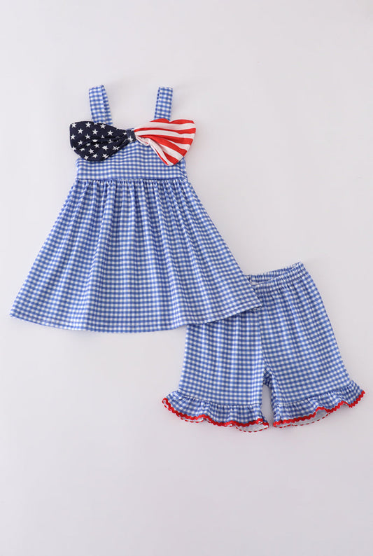 Blue Flag Bow Gingham Girl’s Short Set