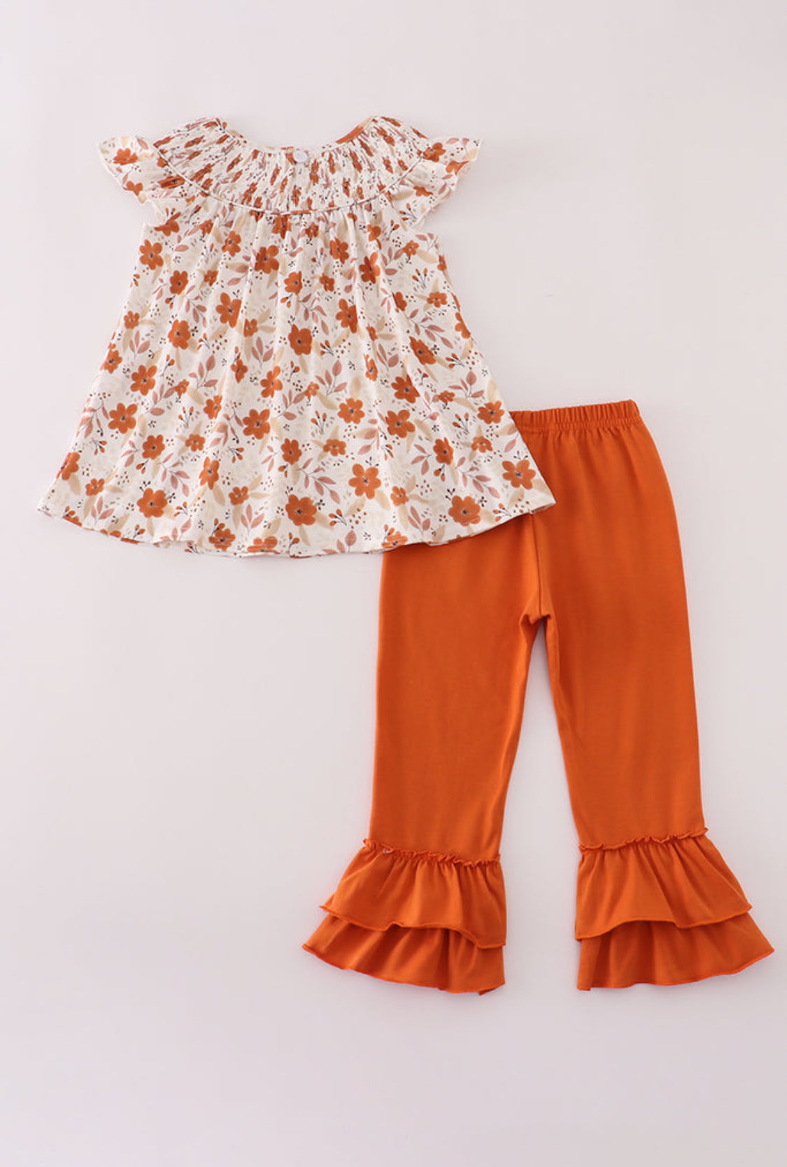 Fall Floral Print smocked Ruffle Girl’s Pants Set