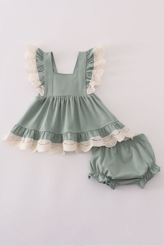 Sage Lace Ruffle Girl’s Bloomer Set
