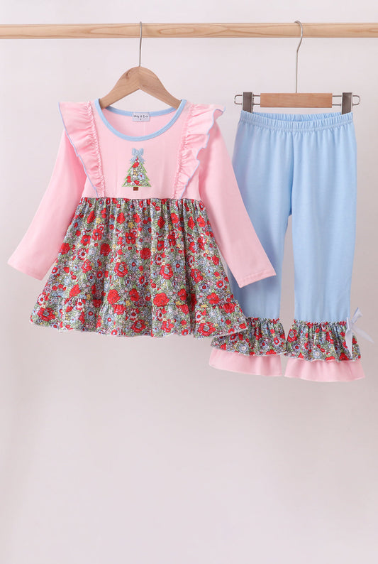 Pink Christmas Tree Appliqué Ruffle Girl’s Pants Set I