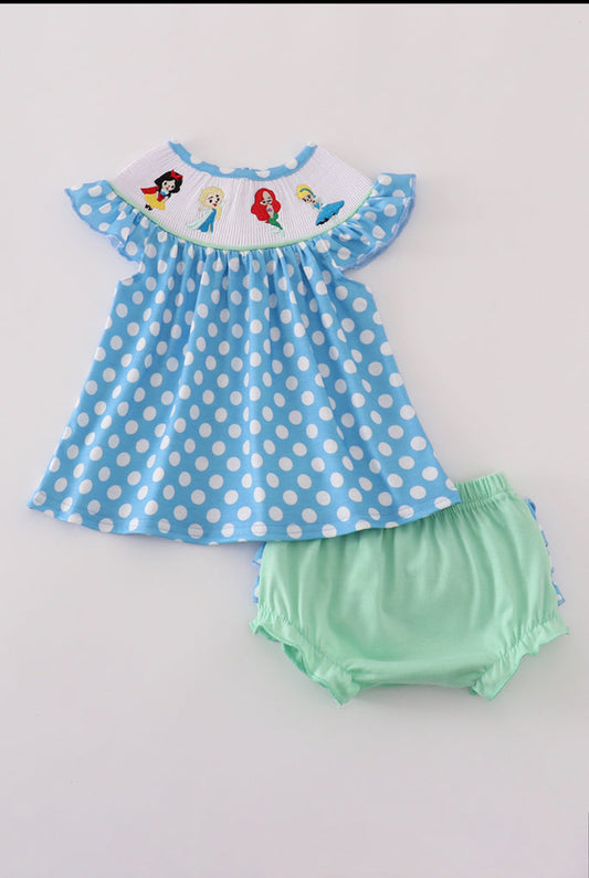 Blue Dot Character Embroidery Smocked Girl Bloomer Set