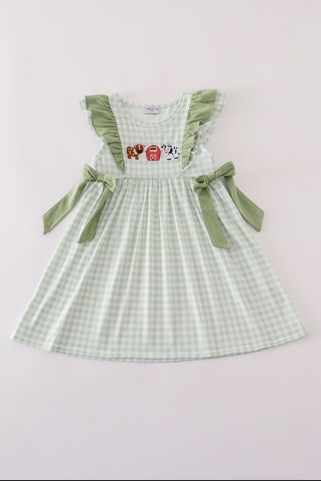 Green Farm Cow Embroidery Gingham Ruffled Girl’s Dress