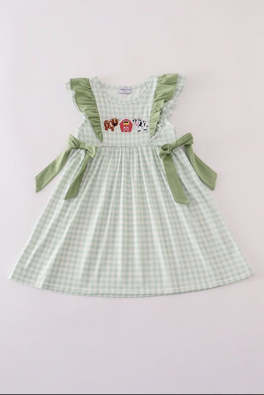 Green Farm Cow Embroidery Gingham Ruffled Girl’s Dress