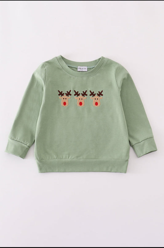 Green Reindeer Embroidery Boy’s Top
