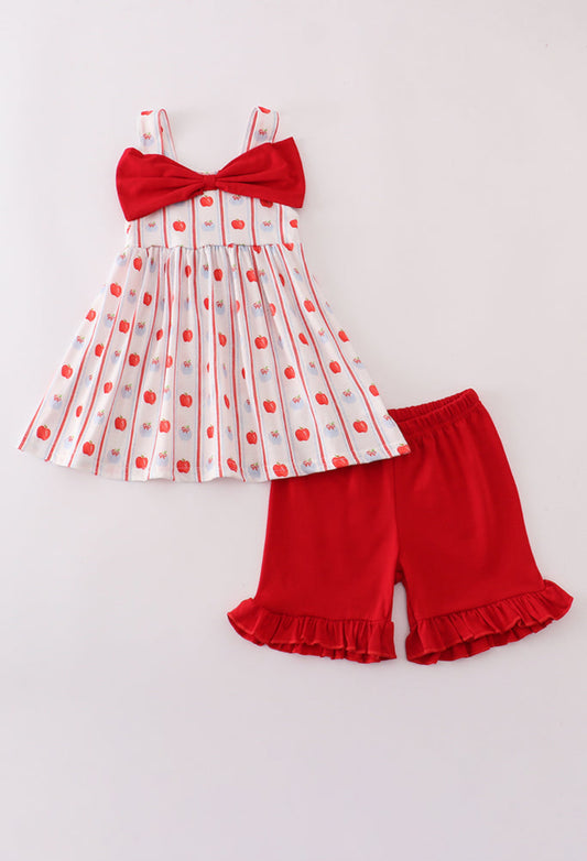 Red Apple Bow Ruffle Girl’s Shorts Set