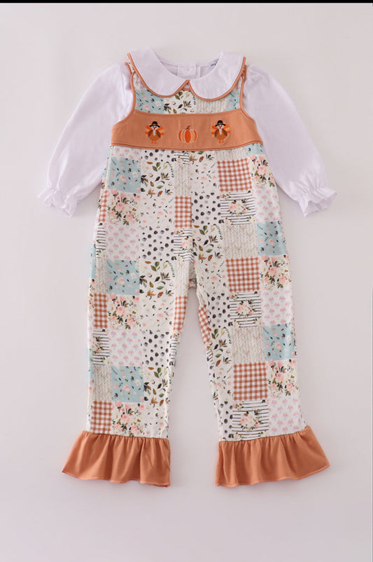Fall Floral Print Turkey  Pumpkin Embroidery Girl’s 2pc Jumpsuit