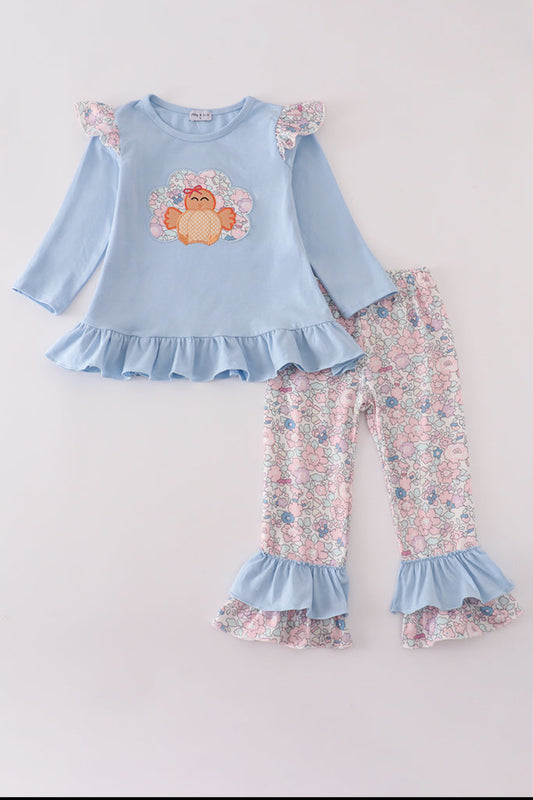 Blue Turkey Appliqué Ruffle Girl’s Pants Set