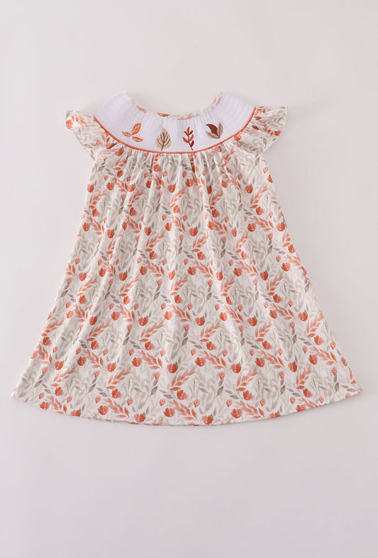Fall Leaves Embroidery Smocked Ruffle Dress