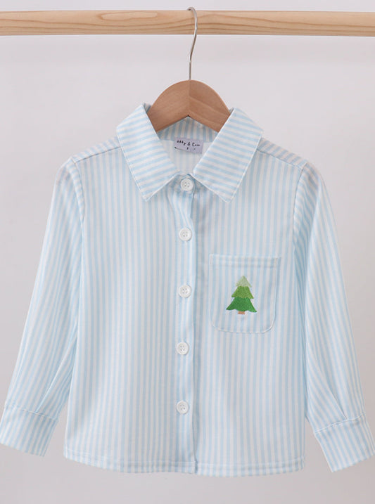 Christmas Tree Embroidery Boy’s Button Down Top