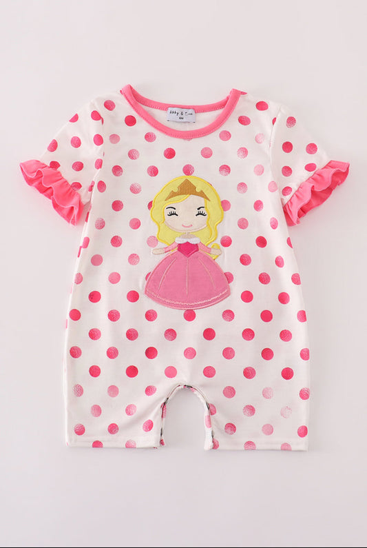 Pink Character Appliqué Girl’s Dot Romper