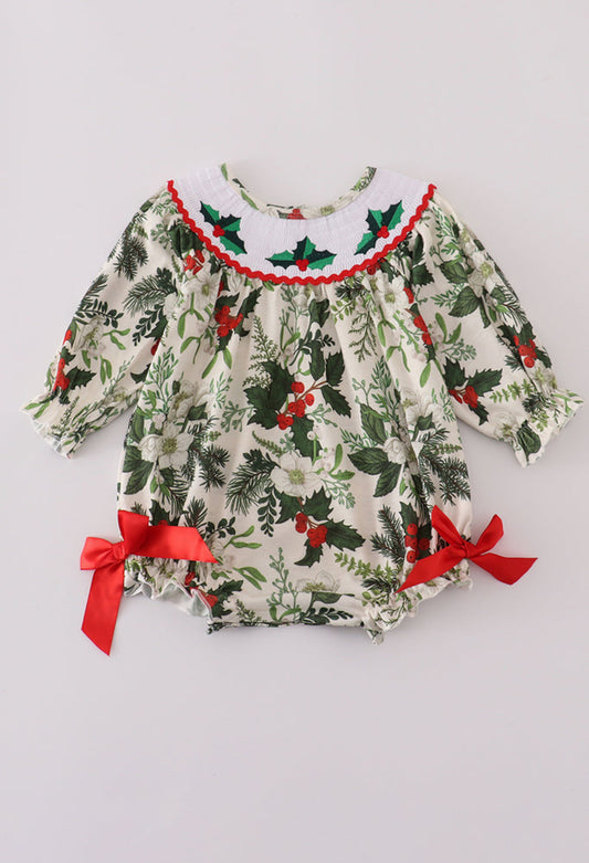 Green Holly FloralSmocked Bow Girl’s Bubble