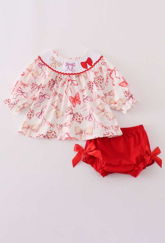 Red Bow Smocked Girl’s Bloomer Set