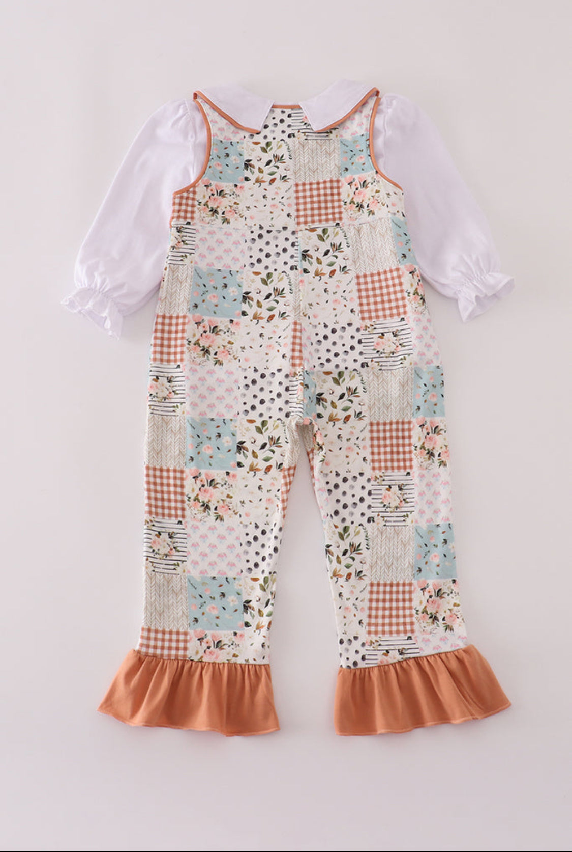 Fall Floral Print Turkey  Pumpkin Embroidery Girl’s 2pc Jumpsuit