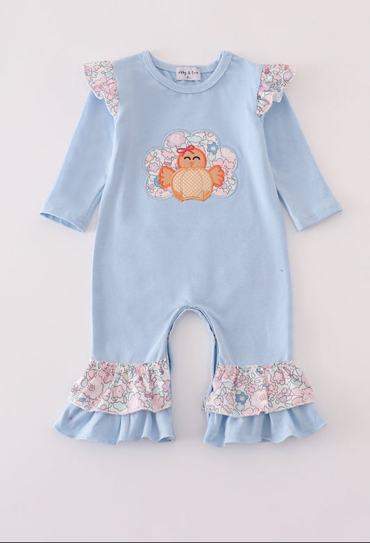 Blue Turkey Appliqué Ruffle Girl’s Romper