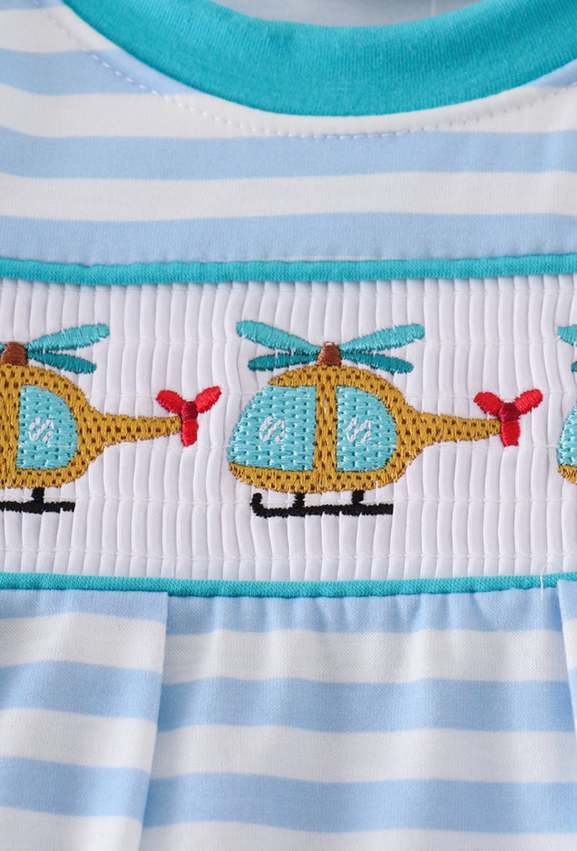 Blue Stripe Helicopter Embroidery Smocked Boy Romper