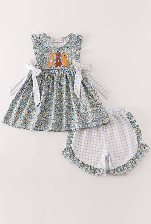 Floral Puppy Embroidery Girl Set